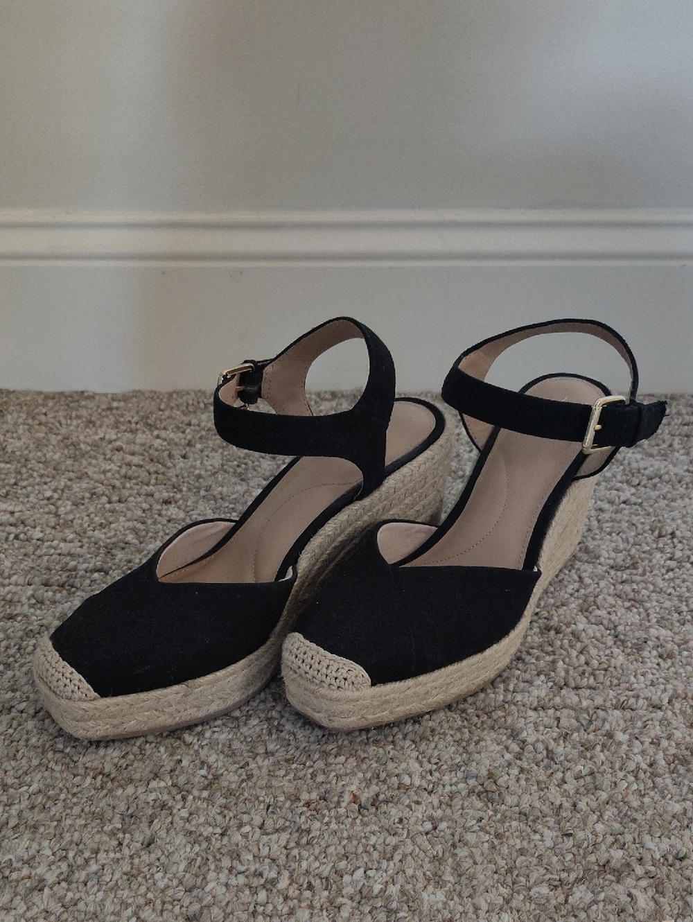 Time and Tru Black Espadrille Ankle-Strap Wedge Sandals